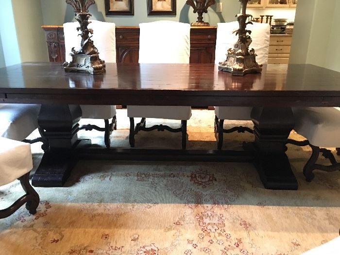 Single Piece Trestle Dining Table with Pull Out Extension Leaves.  Seats 8 to 12 Comfortably