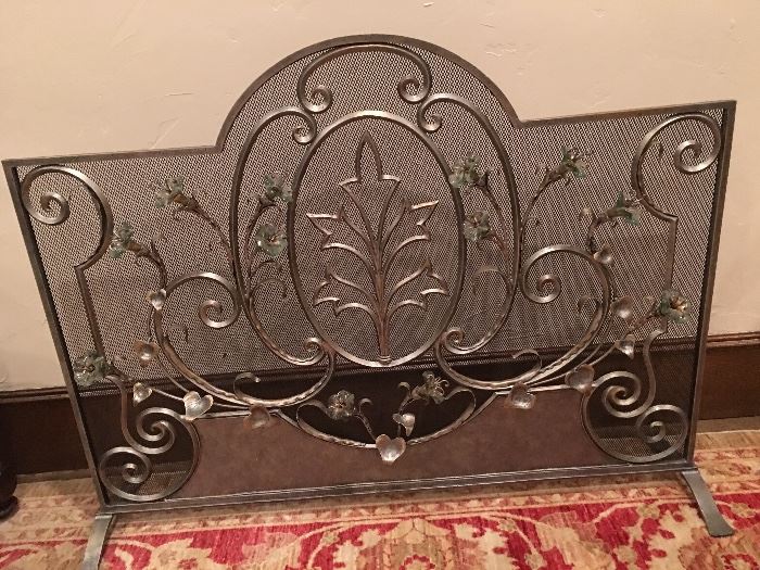 Gorgeous platinum color fireplace screen with glass floral accents