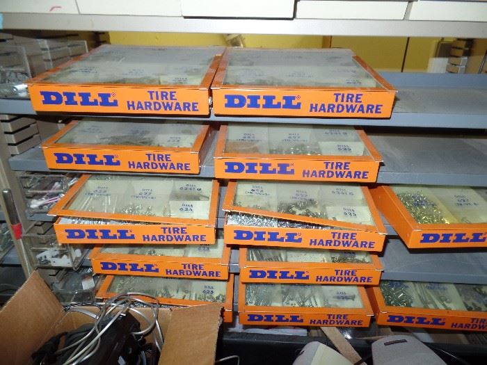 Lots of DILL Tire Hardware metal supply boxes w/glass lift top