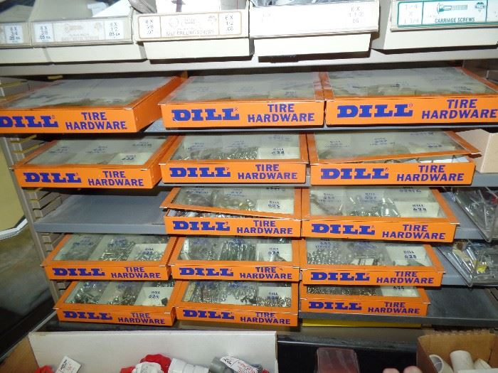 Lots of DILL Tire Hardware metal supply boxes w/glass lift top