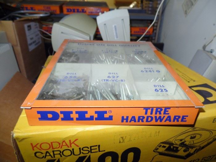 Lots of DILL Tire Hardware metal supply boxes w/glass lift top; can use to store screws, nails, bits, etc.