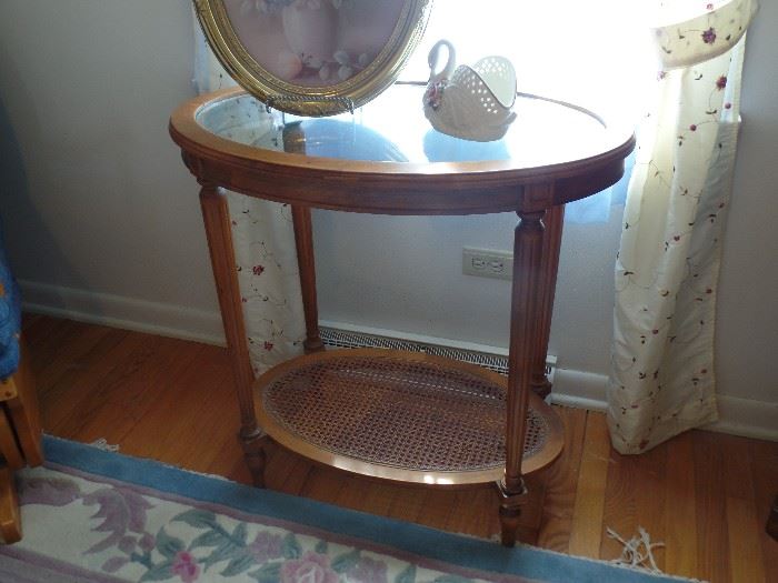 Side table w/glass top and cane bottom 