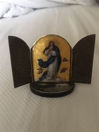19thC.  German miniature painting of the Madonna (gold foil/enamel) in sterling silver and onyx  frame/stand