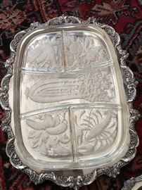 Vintage silverplate on copper serving tray with divided etched glass insert 