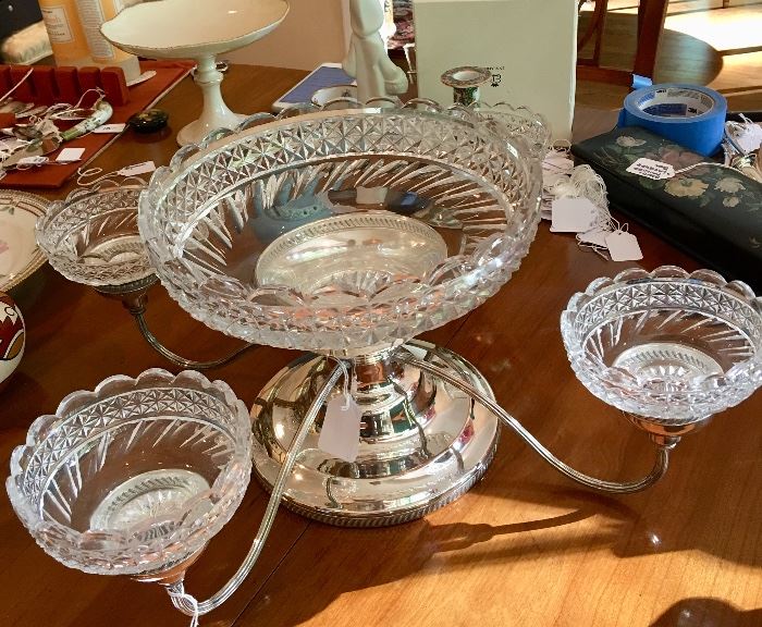 Victorian silverplate and crystal epergne