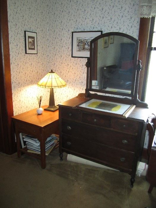 Antique dresser, stained glass lamp