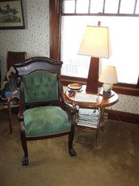 Parlor chair, table and lamps
