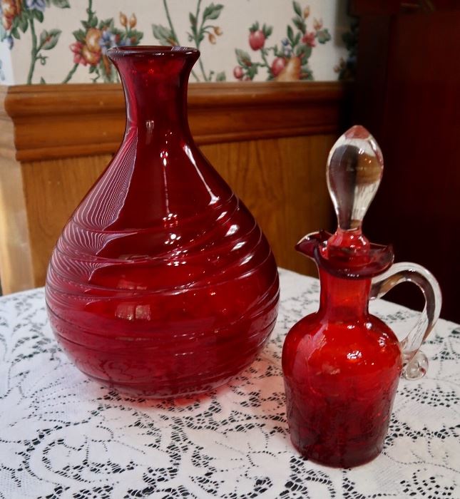 Ruby Red Vase & Crackle Glass Cruet