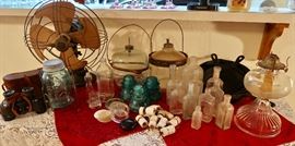 Antique Fan, Kerosene Jugs, Insulators, Iron Skillets & MORE