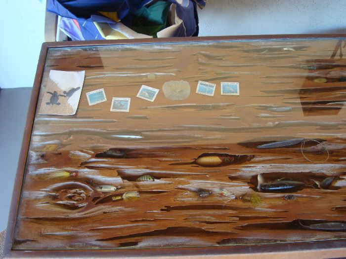 Unique hand made bar top.  Filled with vintage lures and more.