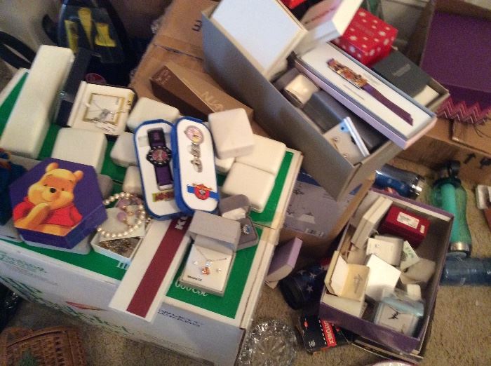BOXES OF JEWELRY WE HAVE YET TO SORT THROUGH. TONE OF GOLD, STERLING AND COUSTUME MUCH NEW IN THE ORIGINAL BOXES!