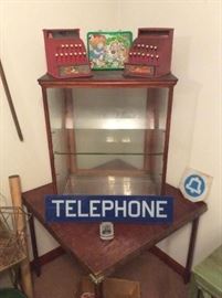 Glass telephone booth sign, Antique display, vintage toy registers, Cabbage Patch lunch box