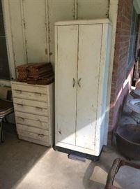 Vintage metal cabinet & old wood chest of drawers