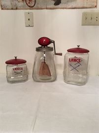 Vintage Lance Jar,s and old Dazy # 8 Butter Churn