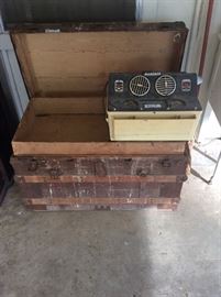 Antique flat top trunk with tray, vintage AC unit for inside of automobile 