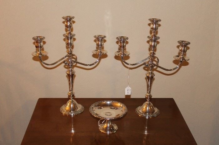 Sterling Silver by International--Pattern is Prelude -- pair of  weighted 3-light candelabras and footed compote 