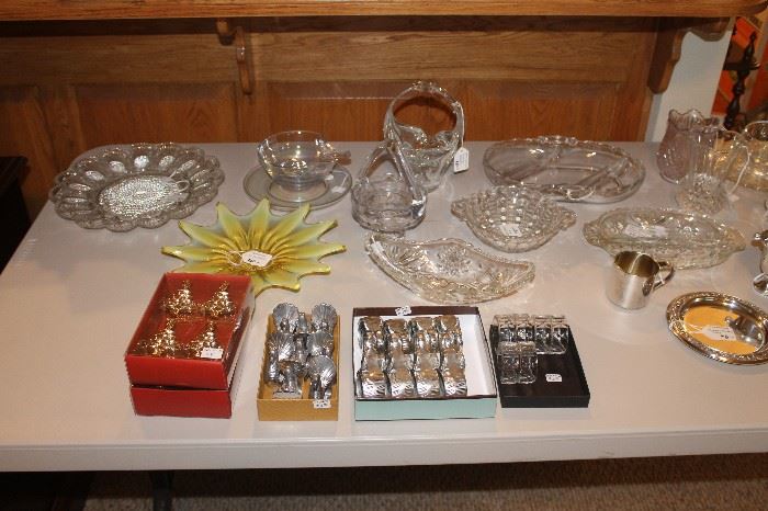 Depression and other glassware including  #2183/415	Heritage by Fostoria - 10" yellow opal shallow bowl - flower float shape; Coin by Fostoria - Clear cigarette urn; Teardrop Mayonnaise bowl w/ ladle & server;
Iridescent Glass Mayonnaise bowl w/ ladle & server; 