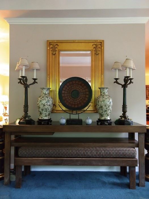 Long, low and lovely Chinese console table, with matching slide-out bench, for those last minute party guests. Nice pair of Chinese porcelain vases, with wooden stands, dinner gong (come and git it!) and great pair of 3-light Maitland-Smith marble and bronze table lamps. Don't forget the gilt mirror!