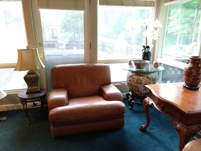 Here's the matching love chair, with Asian porcelain fishbowl on mahogany stand.