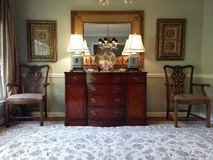 Beter pic of the Drexel buffet and extra pair of mahogany Chippendale armchairs.