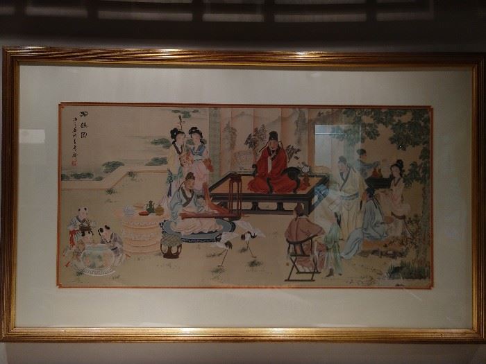 Beautifully painted, artist signed artwork, on silk, nicely framed and matted to boot!