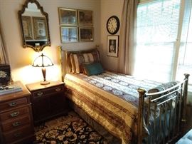 Antique twin brass bed, set of four vintage Borghese prints, from Miller Bros., Chatt., TN, inlaid mahogany nightstand, by Hickory Furn. Co.
