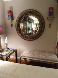 4' diameter beveled glass round wall mirror, nice pair of wall brackets, with pair of red & blue Japanese vases.