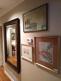 Gallery hallway, with, yes, another large beveled glass wall mirror.