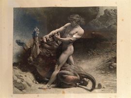 Hercules, Hercules!                                                                                                   
Title is "Samson's Youth". Artist is Bonnat. Authentic antique folio photogravure print on paper, dating to 1891, as published by the Salon de Paris.