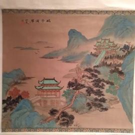 Another beautifully painted Chinese, scroll of a hillside temple, measures 23" x 41".