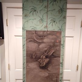 Hand painted Chinese scroll of dragon, measures 6' 1" x 2' 3".