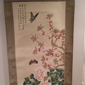 Yet another hand painted Chinese scroll, of peonies, measuring 5' 6" x 1' 9".