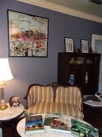 Carved Mahogany Settee, Marble Top Tables, Abstract Art