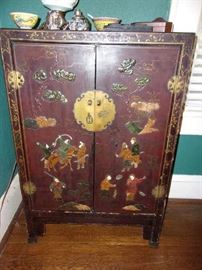 Sm. Chinese Lacquer Cabinet with Applied Stones,  dark aubergine color