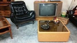 Mid Century MODERN Chair / Couch and Coffee Table with Console Television and a WORKING Beta Video Player / Recorder! Just add "Tie Died Shirt - Bell Bottoms" for a complete 70"s experience!