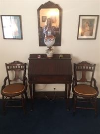 Victorian Eastlake chairs, vintage secretary desk and vintage hurricane lamp