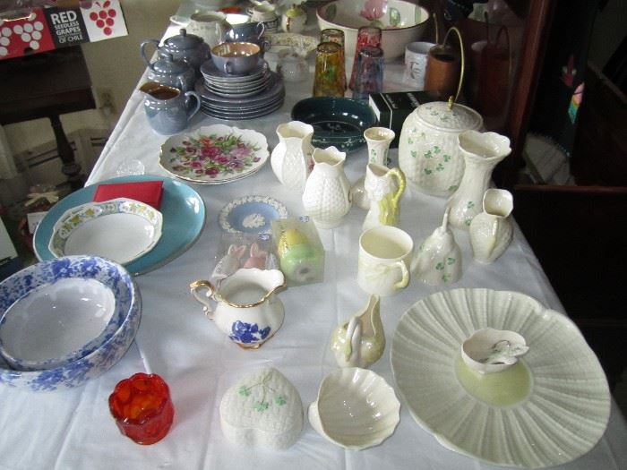 Belleek, spongeware, lustre tea set, art glasses