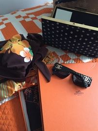 Michel duchene Hermès silk scarf. Gucci Black quilted sunglasses