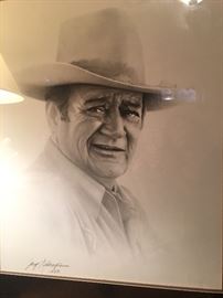 Gary Saderup sketch art of John Wayne framed in glass and signed by th e artis, measures 20 1/2 by 24 1/2.