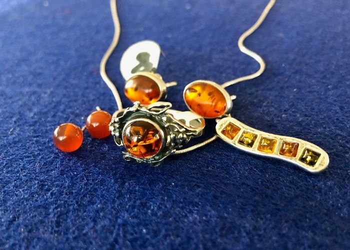 Amber ring, earrings, necklace etc