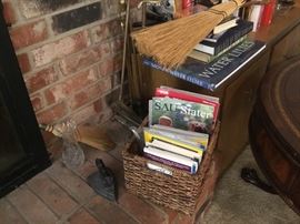 Fireplace tools, basket, magazines & miscellaneous