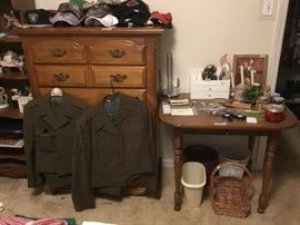 Chest of drawers, side table, miscellaneous items, uniforms