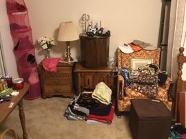 Retro armchair, linens, round marble top end table, two night stands