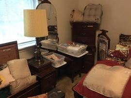 Beautiful knee hole dresser, lamps, two night stands, valet