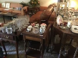 Side table, glass top rolling tea cart, antique turn leg table, porcelain, glassware, leather sofa