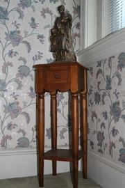 Antique Pine Stand and Bronze/Brass Statue