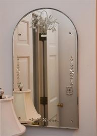 Frameless Arched Reverse Etched Glass Mirror with Flower Basket Motif 