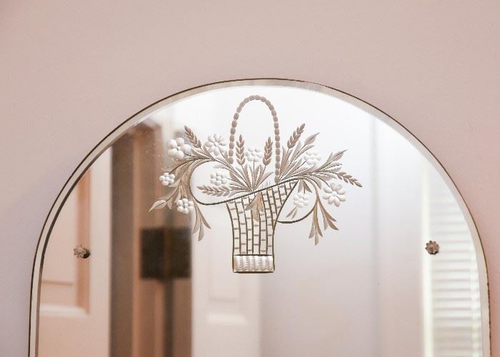 Frameless Arched Reverse Etched Glass Mirror with Flower Basket Motif 