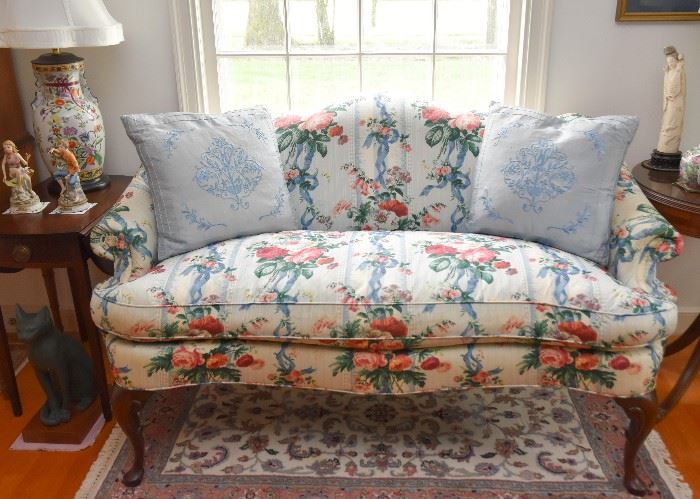 Queen Anne Camel Back Settee / Sofa with Cabbage Rose Upholstery  