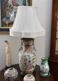 Pair of Chinese / Asian Porcelain Table Lamps (Floral & Dog Motif)